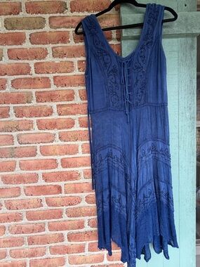 Advance Apparels Navy Blue Embroidered Midi Dress with corset cinch tie detail